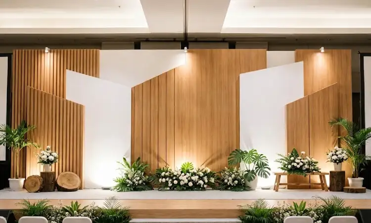 Backdrop panggung warna putih kombinasi kayu, Sumber: AI