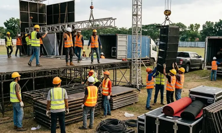 Crew lapangan bongkar-pasang panggung, Sumber: AI